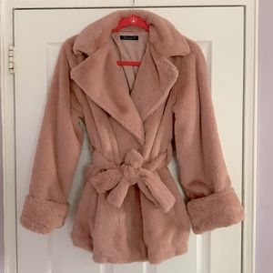 SHEIN Pink Furry Belt Jacket Inside Lining Pockets Snap Enclosure USED LIKE NEW